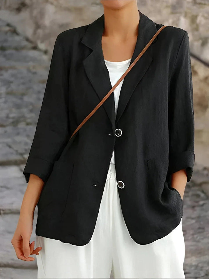 Patch Pocket Roll Sleeve Two Button Relaxed Fit Linen Blazer