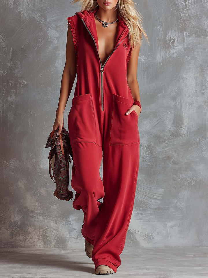 Hooded Zip Front Lace Trim Sleeveless Wide Leg Jumpsuit