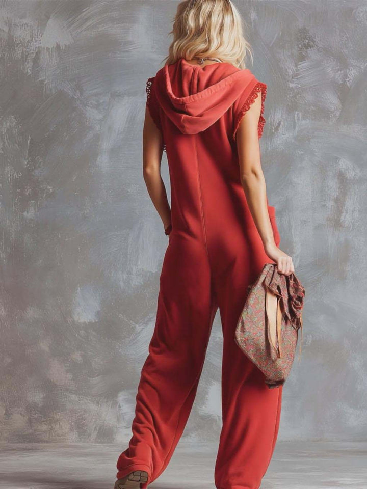 Hooded Zip Front Lace Trim Sleeveless Wide Leg Jumpsuit