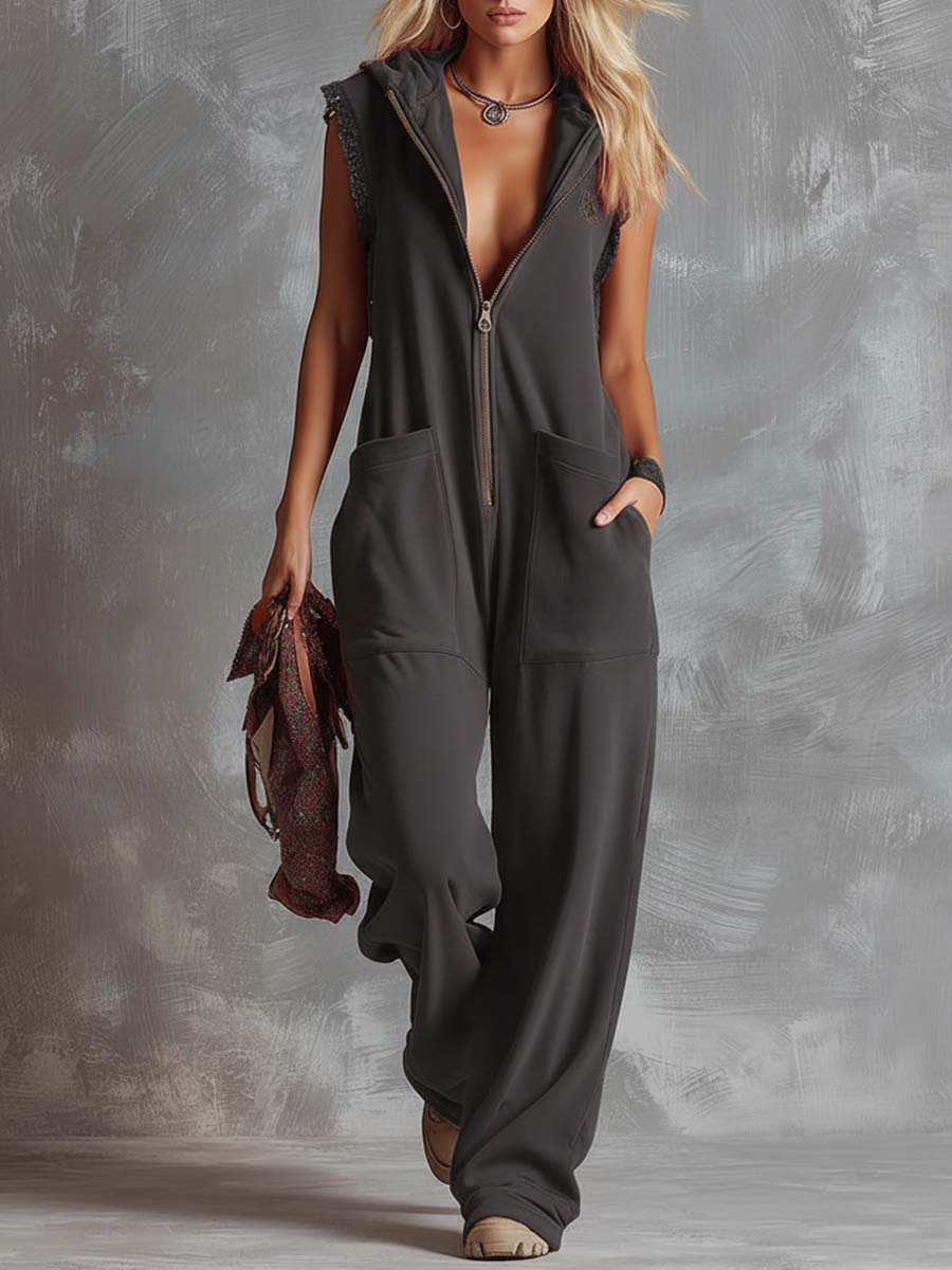 Hooded Zip Front Lace Trim Sleeveless Wide Leg Jumpsuit