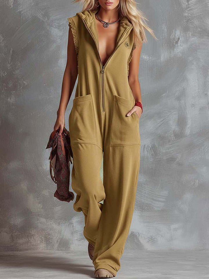 Hooded Zip Front Lace Trim Sleeveless Wide Leg Jumpsuit