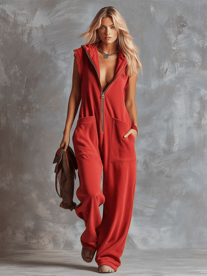 Hooded Zip Front Lace Trim Sleeveless Wide Leg Jumpsuit