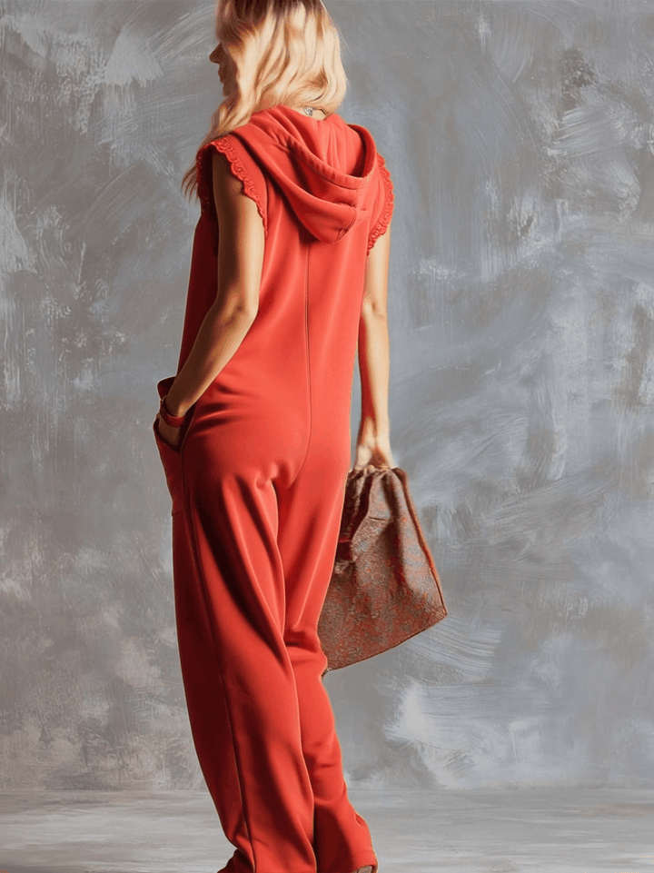 Hooded Zip Front Lace Trim Sleeveless Wide Leg Jumpsuit