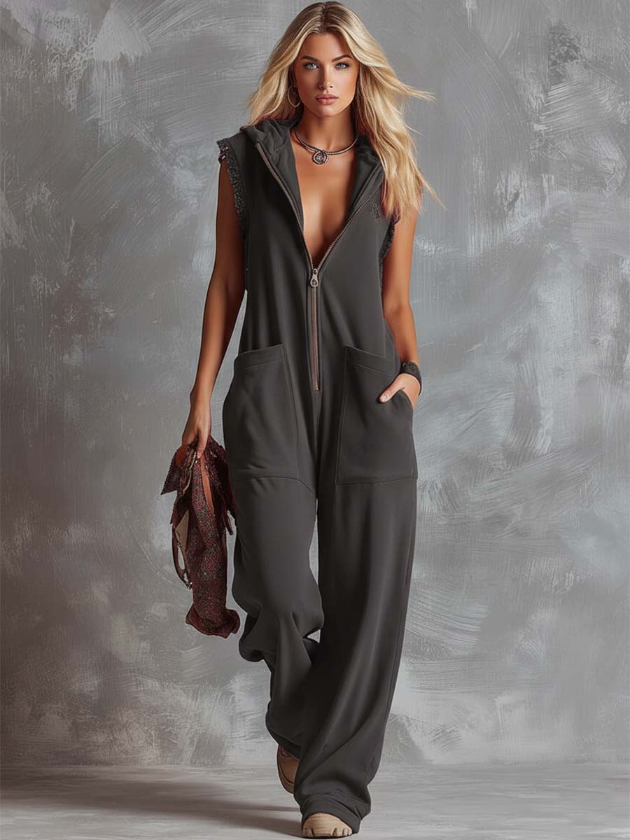 Hooded Zip Front Lace Trim Sleeveless Wide Leg Jumpsuit