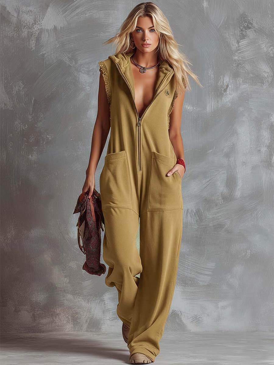 Hooded Zip Front Lace Trim Sleeveless Wide Leg Jumpsuit