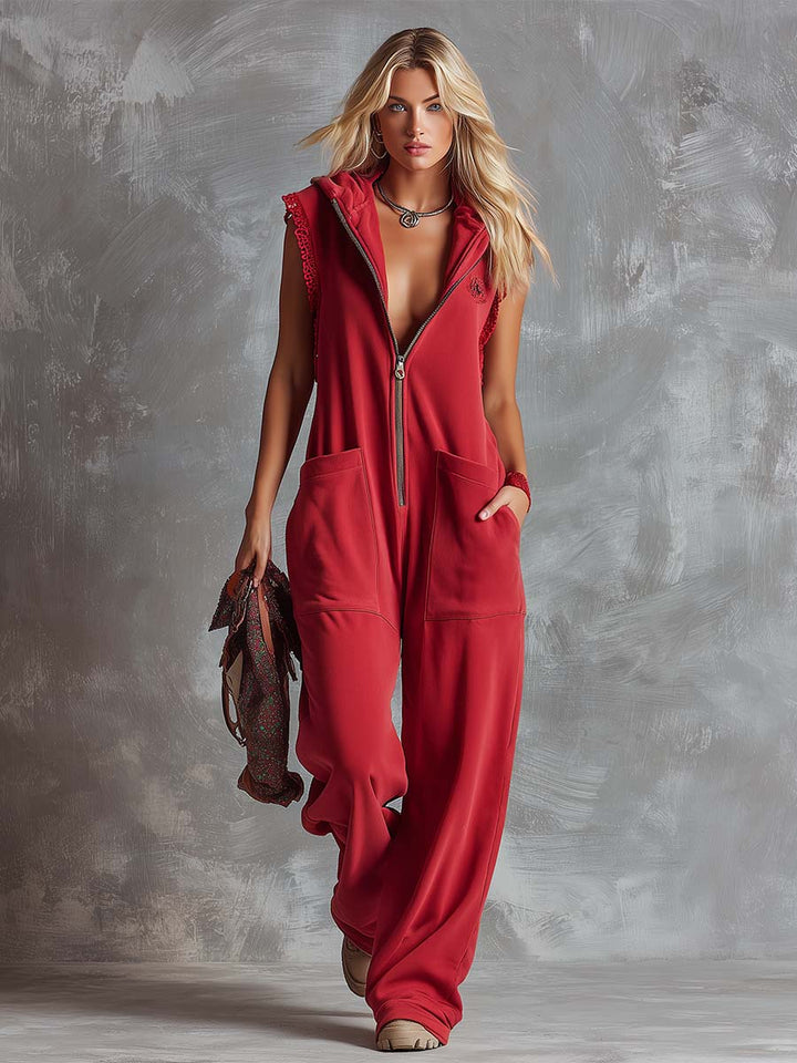 Hooded Zip Front Lace Trim Sleeveless Wide Leg Jumpsuit