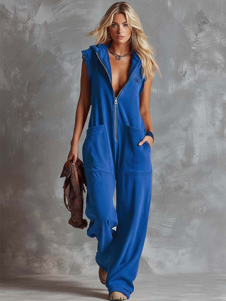 Hooded Zip Front Lace Trim Sleeveless Wide Leg Jumpsuit