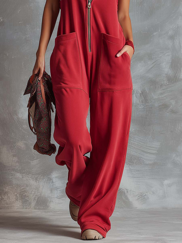 Hooded Zip Front Lace Trim Sleeveless Wide Leg Jumpsuit