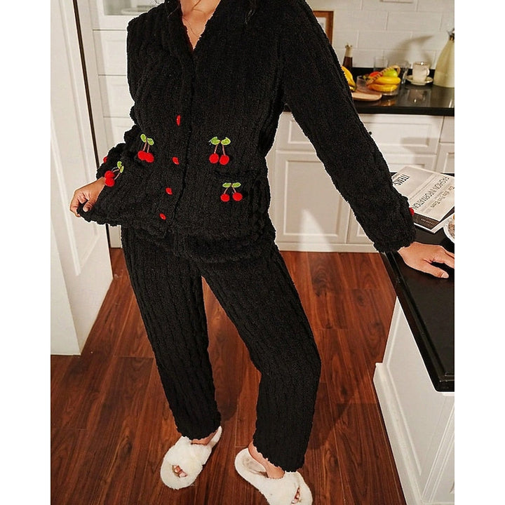 Winnifred | Women's Fuzzy Cherry Print Two-Piece Pajama Set