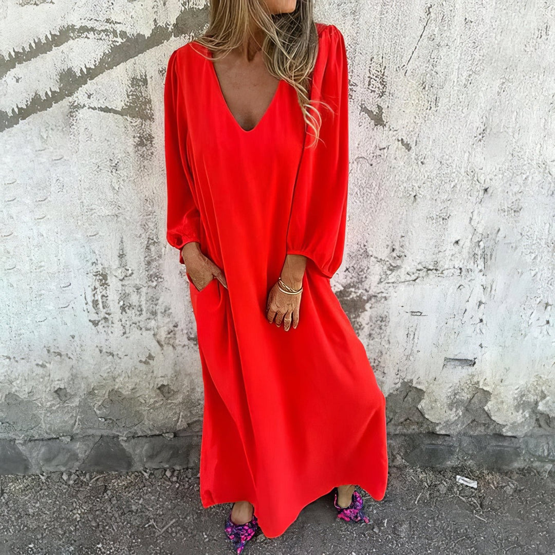 Puff Sleeve V Neck Side Split Relaxed Flowy Maxi Dress