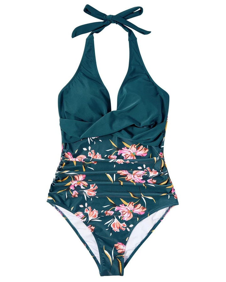 Print Wrap Halter Ruched One Piece Swimsuit