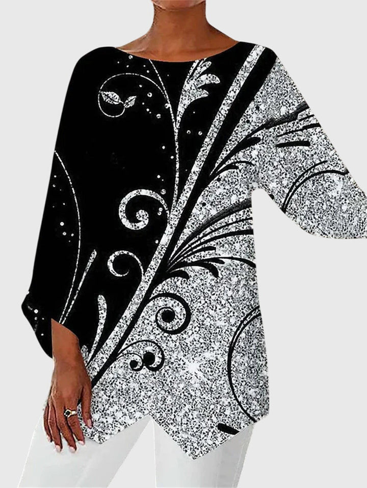 Glitter Butterfly Print Asymmetric Hem Long Sleeve Top