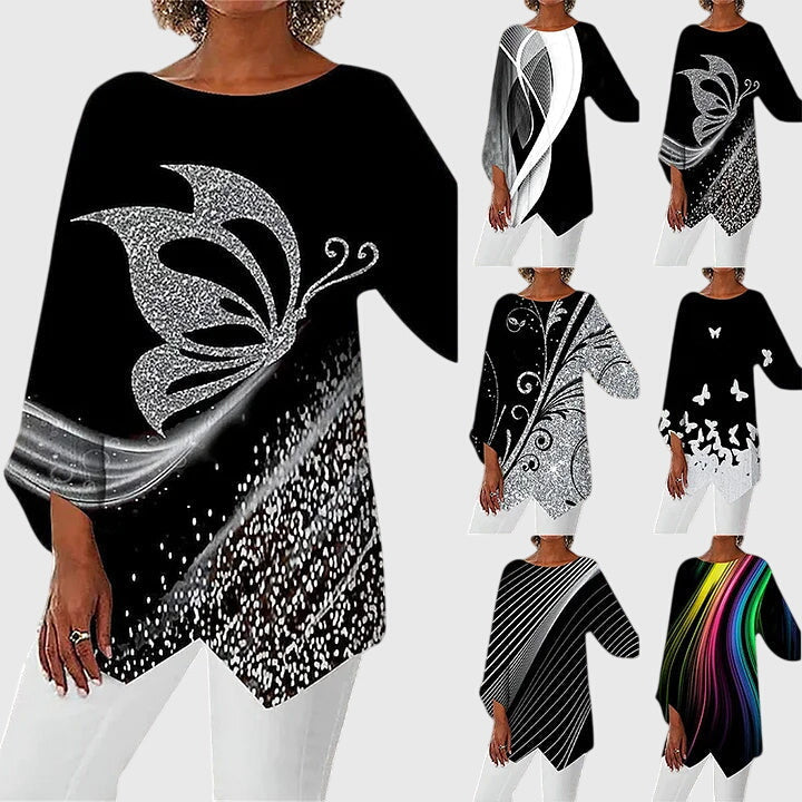 Glitter Butterfly Print Asymmetric Hem Long Sleeve Top