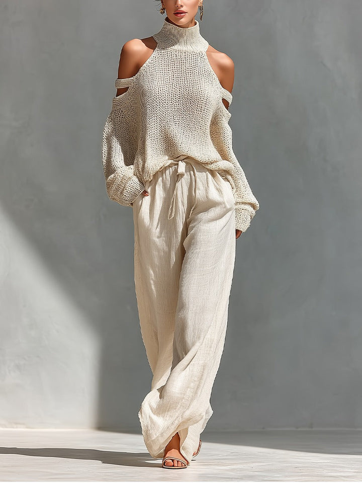 Cold Shoulder Knit Top and Drawstring Wide Leg Linen Pant Set