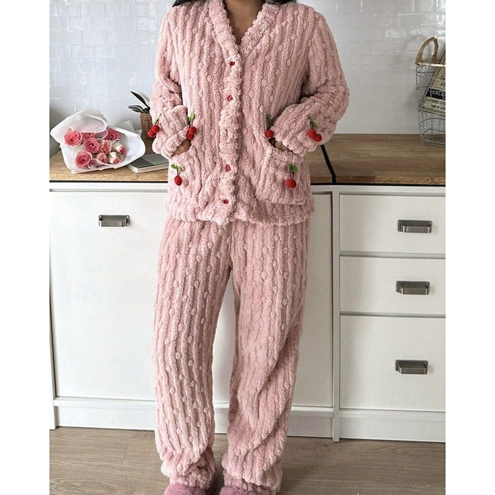 Winnifred | Women's Fuzzy Cherry Print Two-Piece Pajama Set