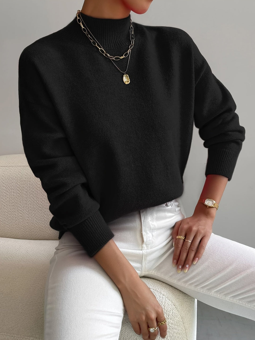 Elara | Women's Drop Shoulder Turtleneck Sweater with Ribbed Cuffs