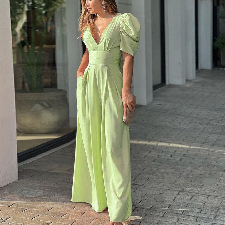 Puff Sleeve V Neck Ruched Waist Wide Leg Formal Jumpsuit - Wedding Guest