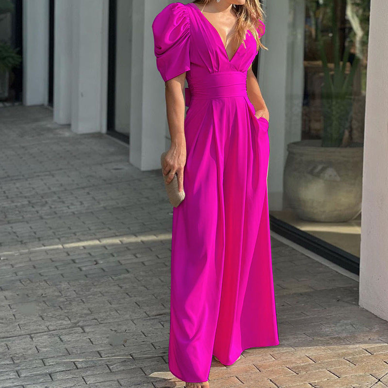 Puff Sleeve V Neck Ruched Waist Wide Leg Formal Jumpsuit - Wedding Guest