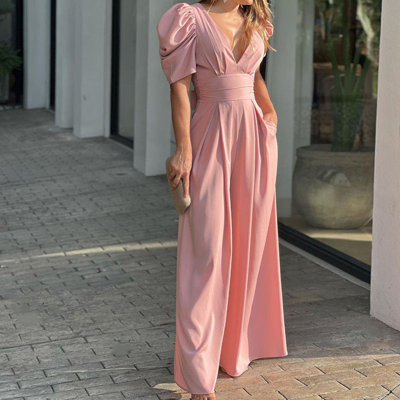 Puff Sleeve V Neck Ruched Waist Wide Leg Formal Jumpsuit - Wedding Guest