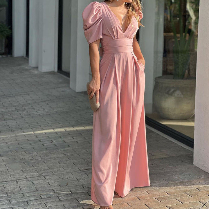 Puff Sleeve V Neck Ruched Waist Wide Leg Formal Jumpsuit - Wedding Guest
