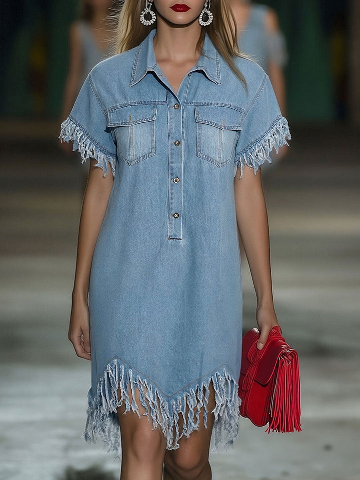 Twin Pocket Fringe Hem Short Sleeve Denim Shirt Dress