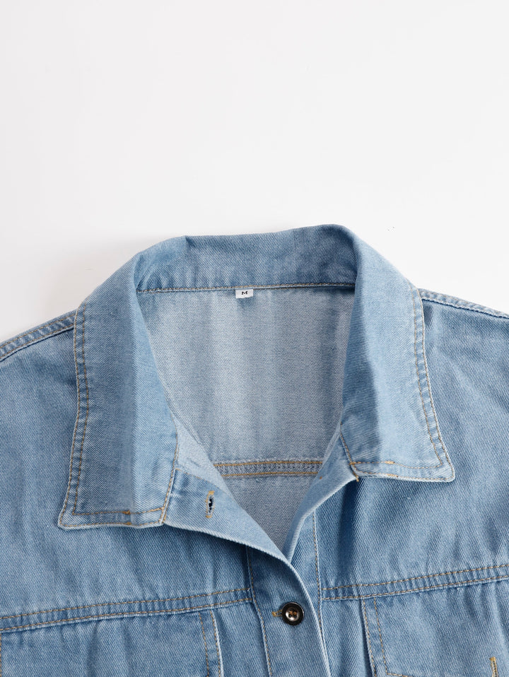 Twin Pocket Fringe Hem Short Sleeve Denim Shirt Dress
