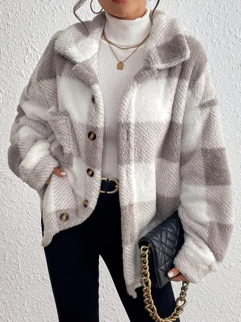 Maurelle | Women's Oversized Plaid Fluffy Button-Up Jacket