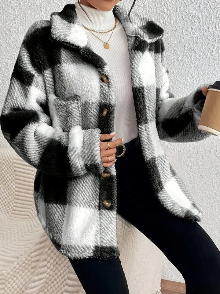 Maurelle | Women's Oversized Plaid Fluffy Button-Up Jacket