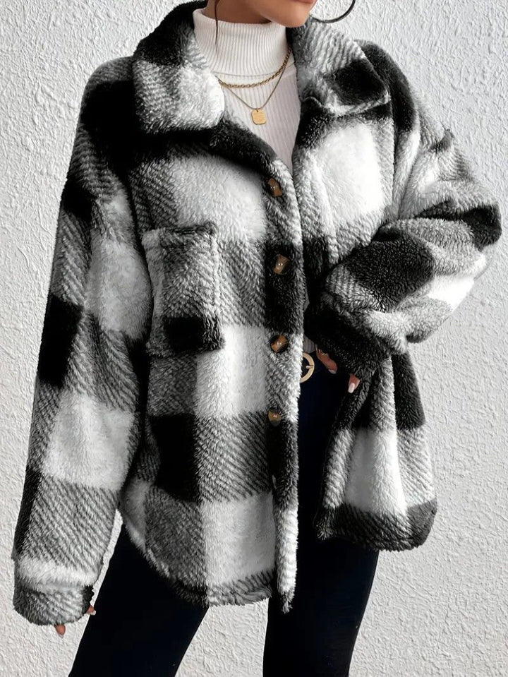 Maurelle | Women's Oversized Plaid Fluffy Button-Up Jacket