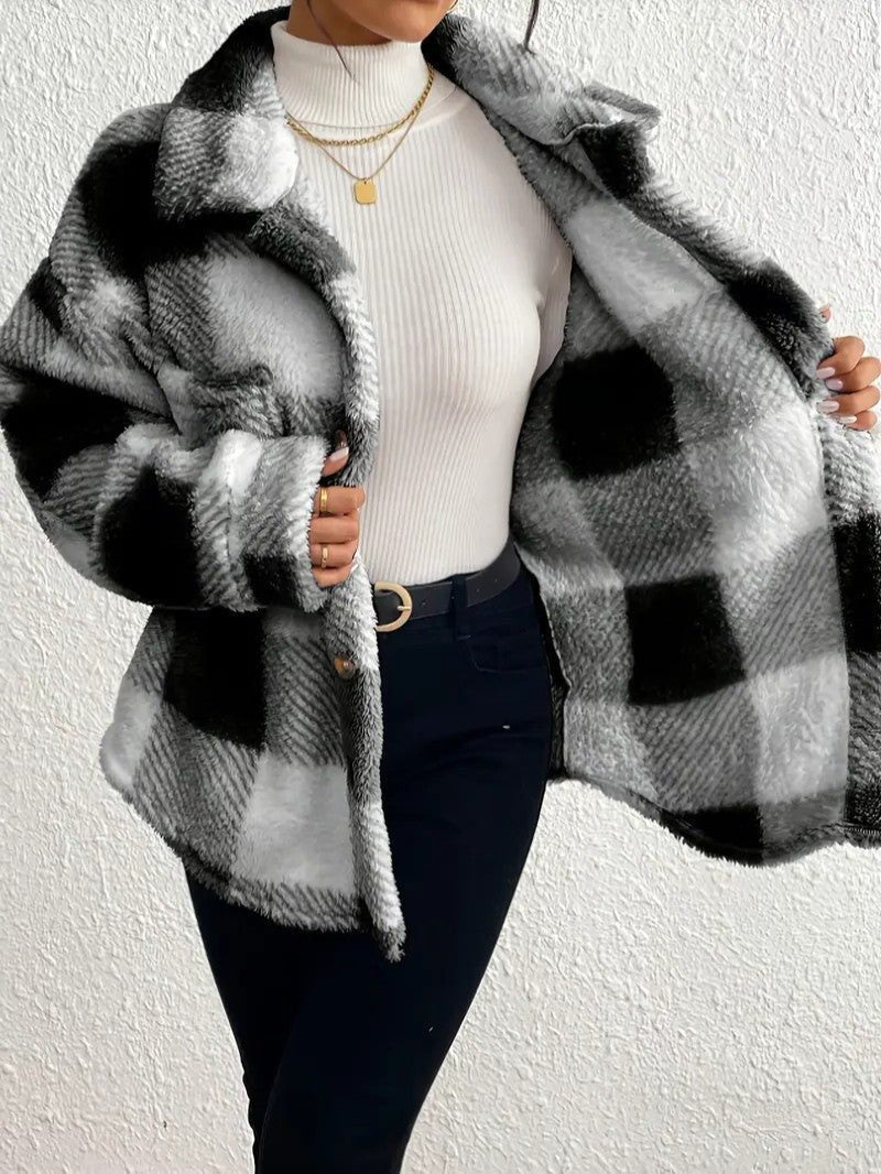 Maurelle | Women's Oversized Plaid Fluffy Button-Up Jacket