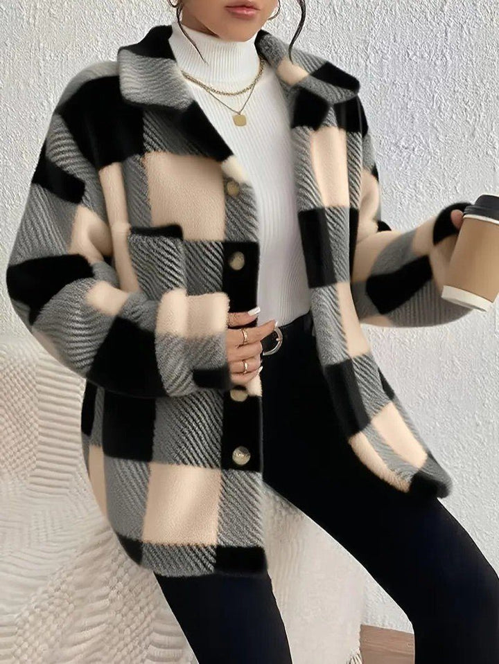 Maurelle | Women's Oversized Plaid Fluffy Button-Up Jacket