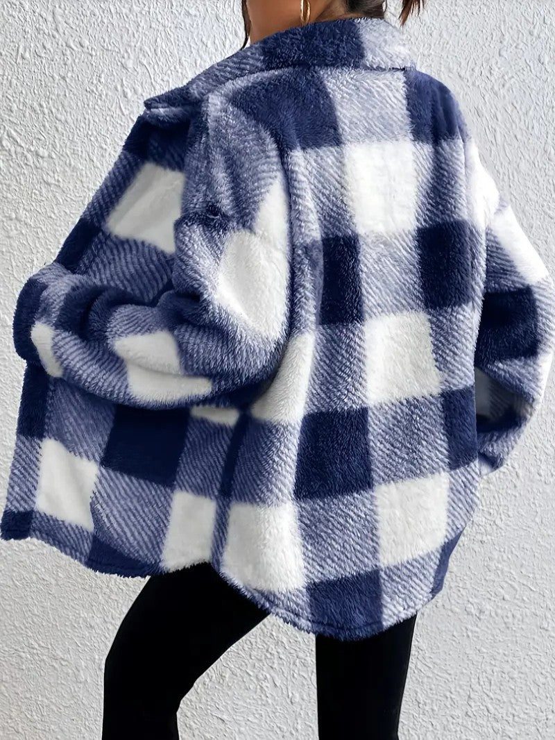 Maurelle | Women's Oversized Plaid Fluffy Button-Up Jacket