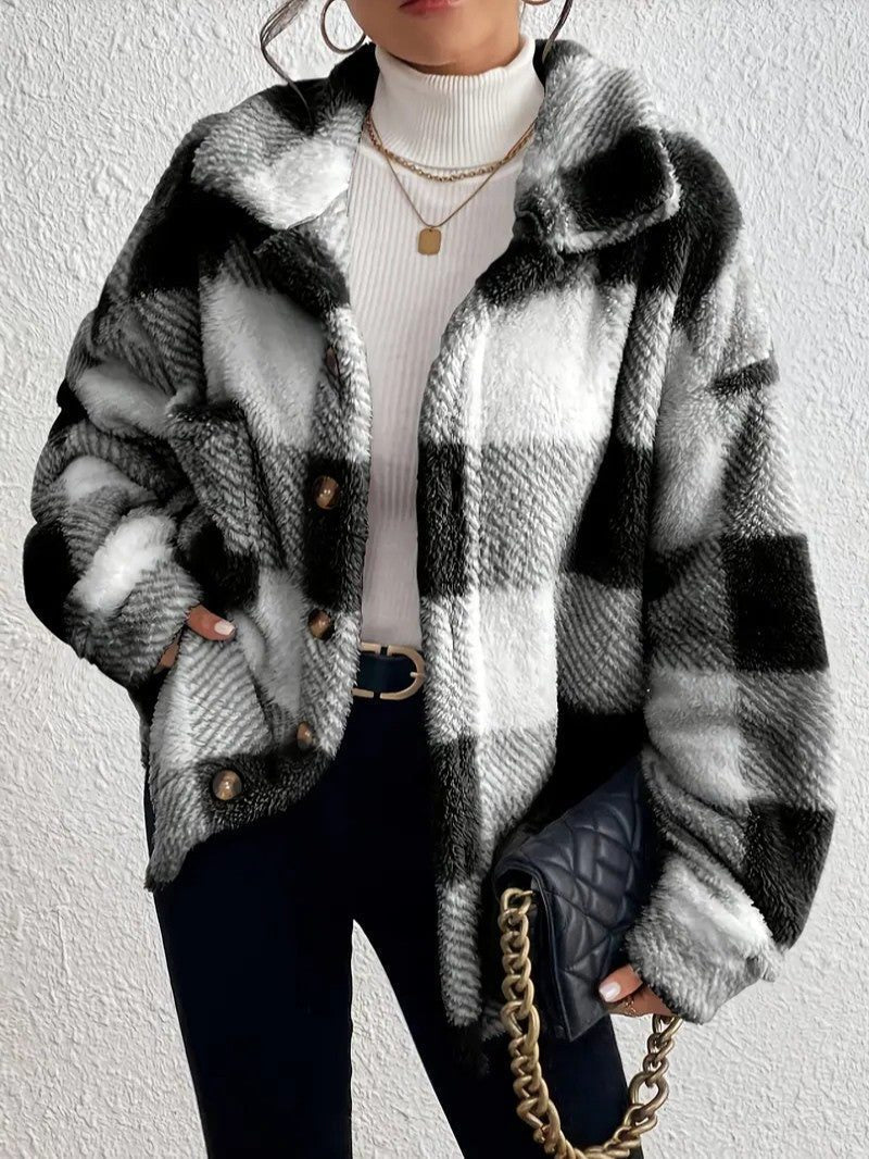 Maurelle | Women's Oversized Plaid Fluffy Button-Up Jacket