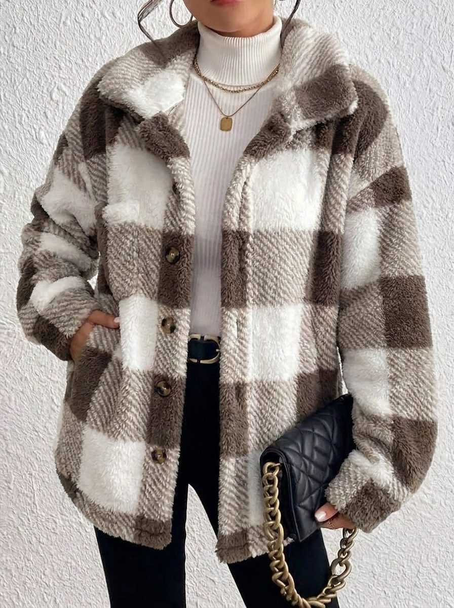 Maurelle | Women's Oversized Plaid Fluffy Button-Up Jacket