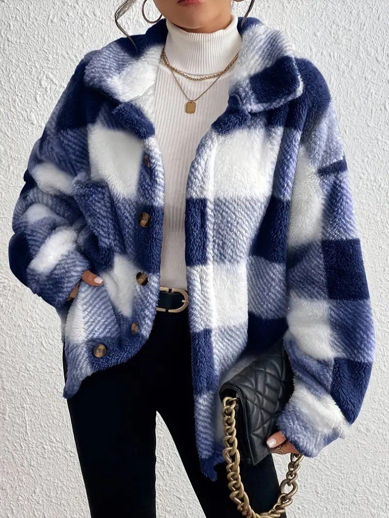Maurelle | Women's Oversized Plaid Fluffy Button-Up Jacket
