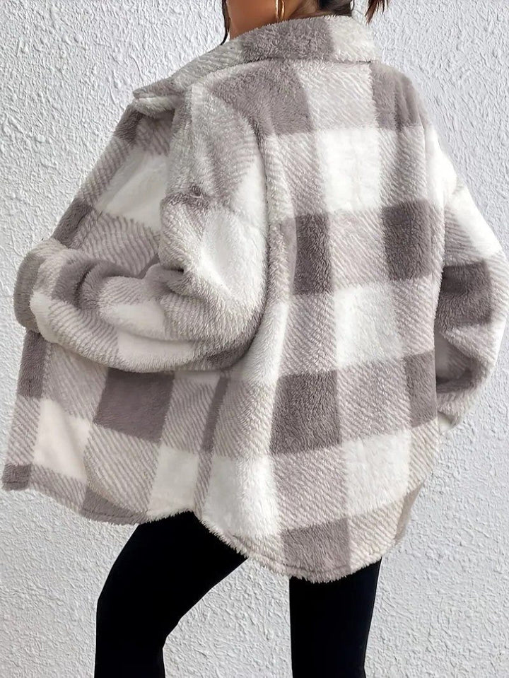 Maurelle | Women's Oversized Plaid Fluffy Button-Up Jacket