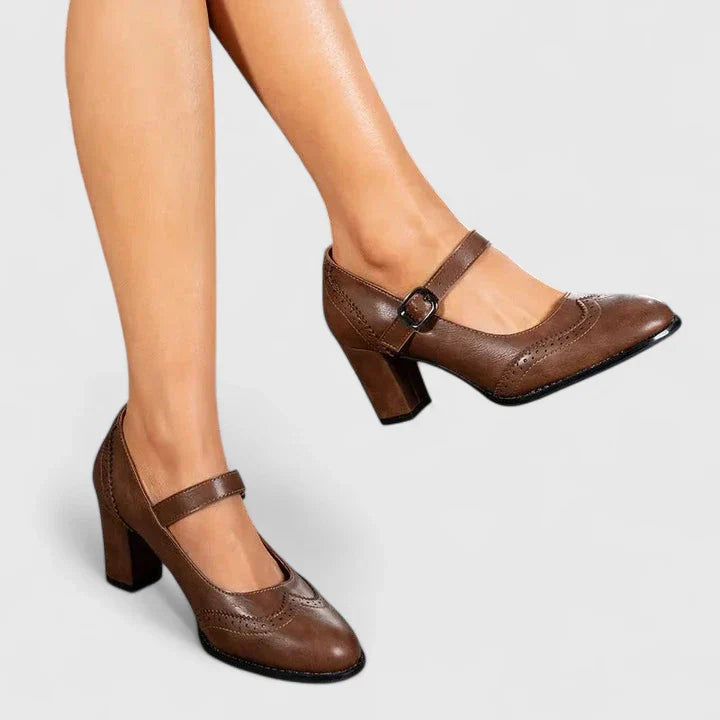 Brogue Detail Mary Jane Ankle Strap Block Heel Pump