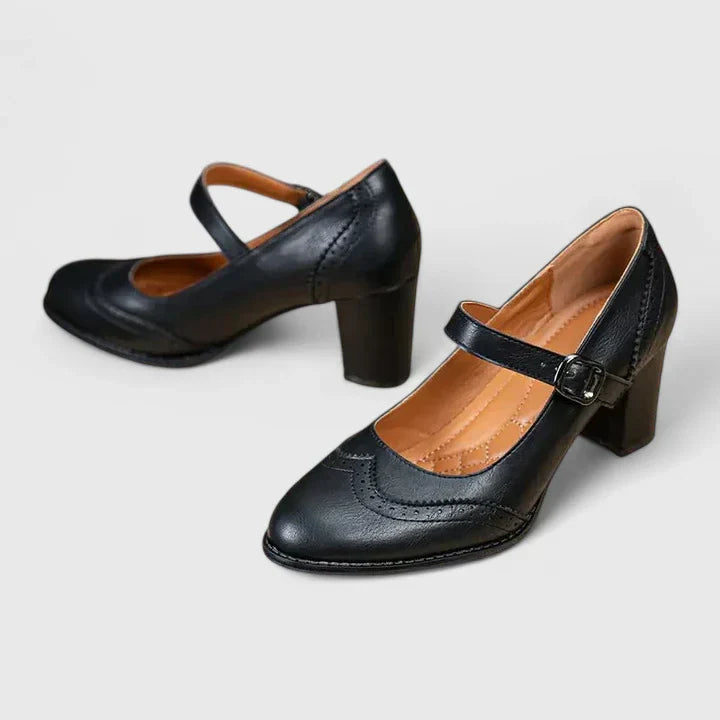 Brogue Detail Mary Jane Ankle Strap Block Heel Pump