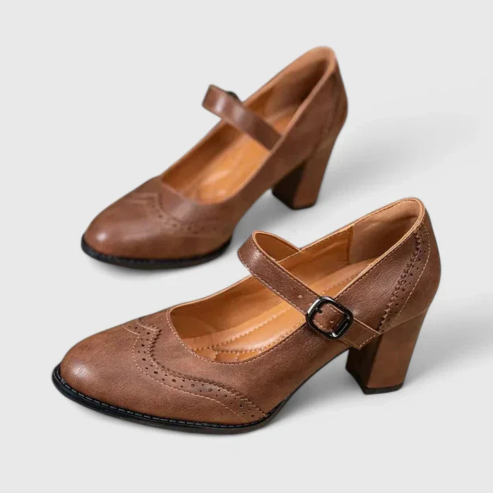 Brogue Detail Mary Jane Ankle Strap Block Heel Pump