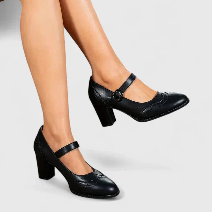 Brogue Detail Mary Jane Ankle Strap Block Heel Pump