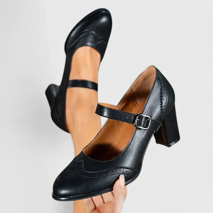 Brogue Detail Mary Jane Ankle Strap Block Heel Pump