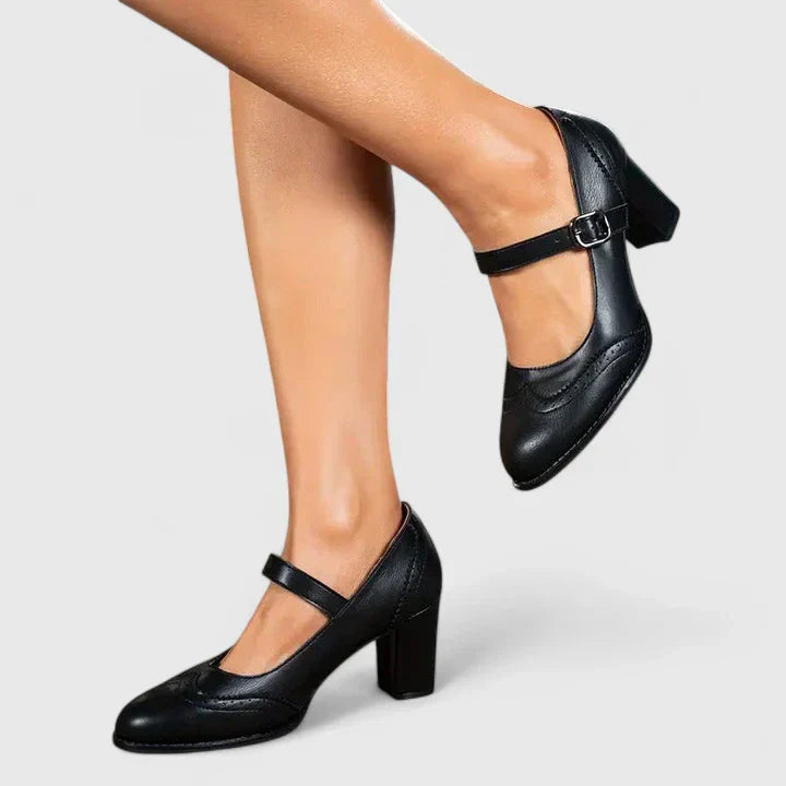 Brogue Detail Mary Jane Ankle Strap Block Heel Pump