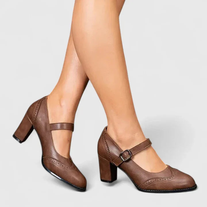 Brogue Detail Mary Jane Ankle Strap Block Heel Pump