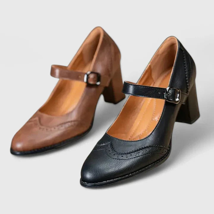 Brogue Detail Mary Jane Ankle Strap Block Heel Pump