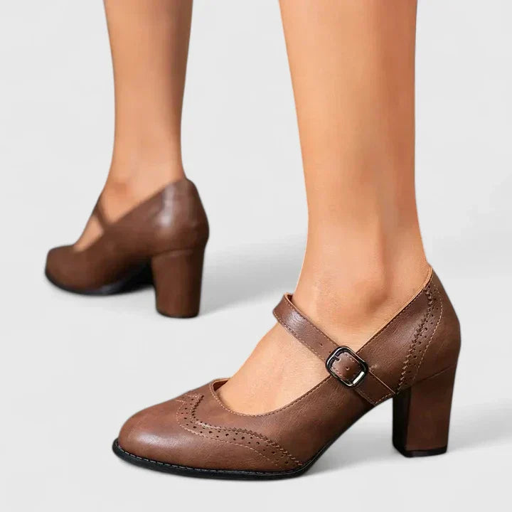 Brogue Detail Mary Jane Ankle Strap Block Heel Pump