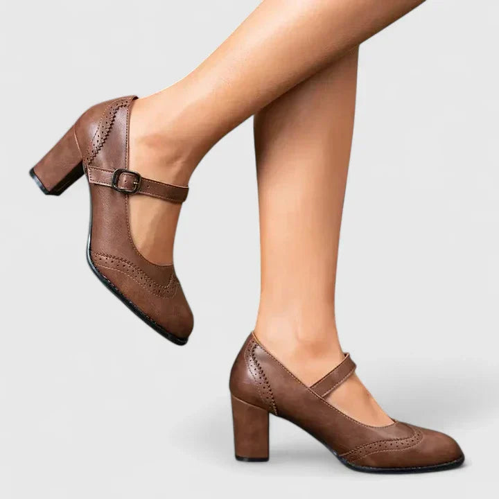 Brogue Detail Mary Jane Ankle Strap Block Heel Pump