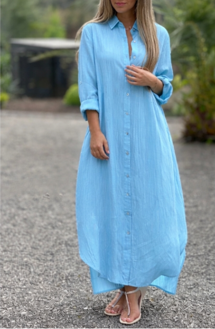 Oversized Button Down Collar Neck Linen Shirt Maxi Dress