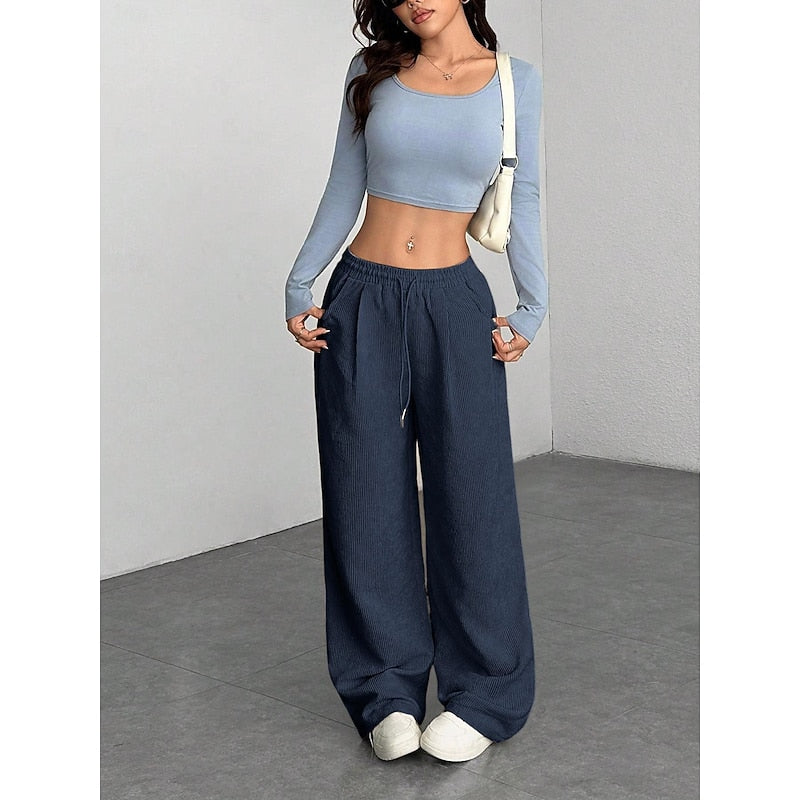 Delphine | Women's Corduroy Wide-Leg Pants with Drawstring Waist
