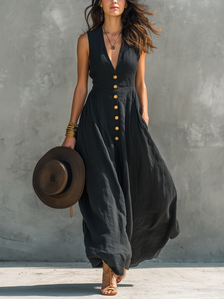 Button Front Deep V Neck Sleeveless Linen Maxi Dress