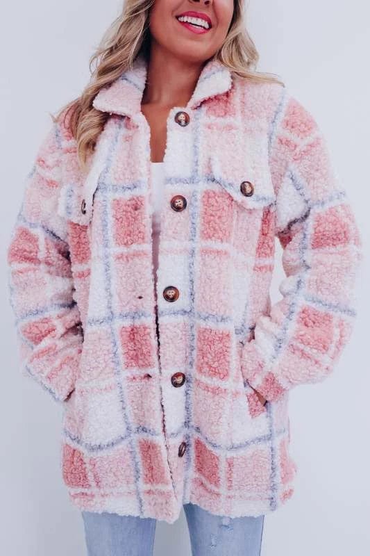 Stella | Women's Plaid Teddy Button-Front Coat with Chest Pocket